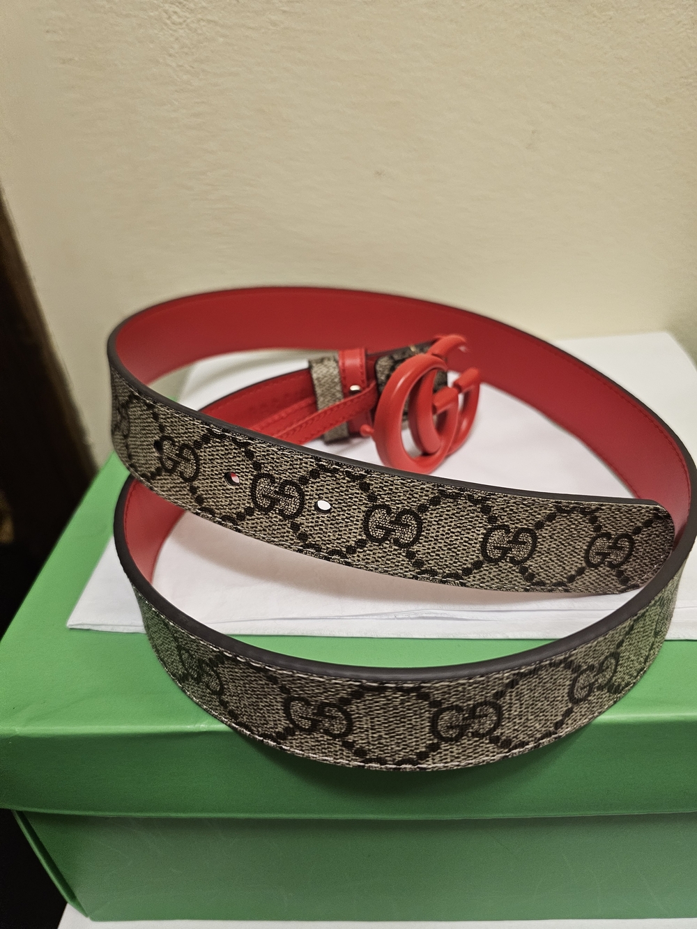 Gucci GG Canvas Belt with Red Leather Interior and Red GG Buckle